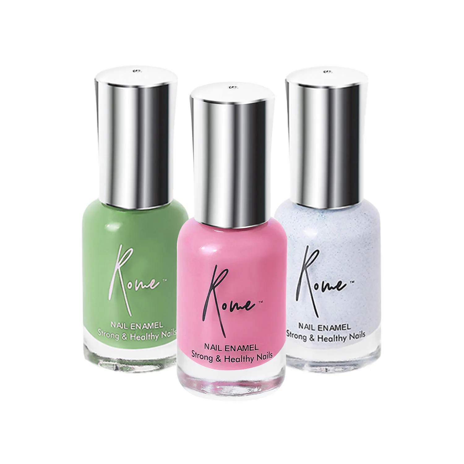 Rome Strong & Healthy Nail Enamel Set Of 3 (Moss Green+ Punch Pink+ Shimmer Blue)