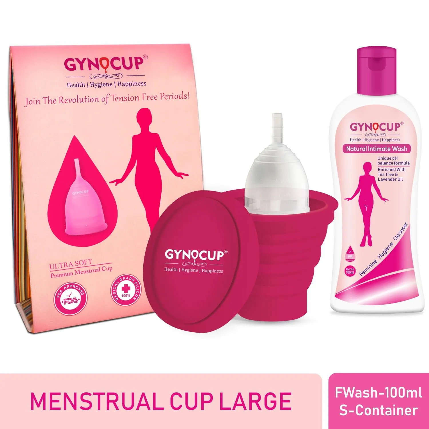 GynoCup Menstrual Cup For Women Transparent,large Size With Womenwash And Sterilizer(Combo Kit)