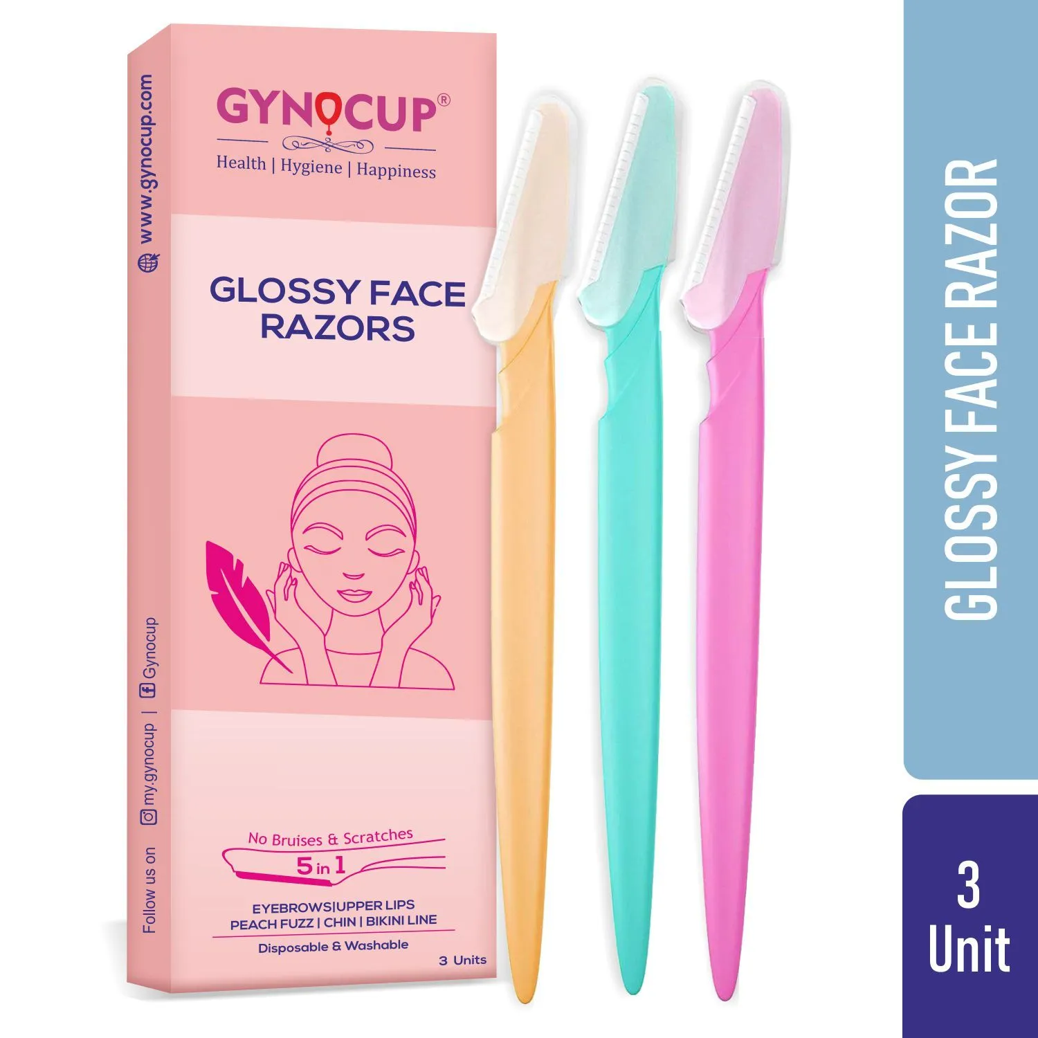 GynoCup Glossy Face Razor For Women Painless Facial Hair Removal Easy To Use (Pack Of 3 Units)