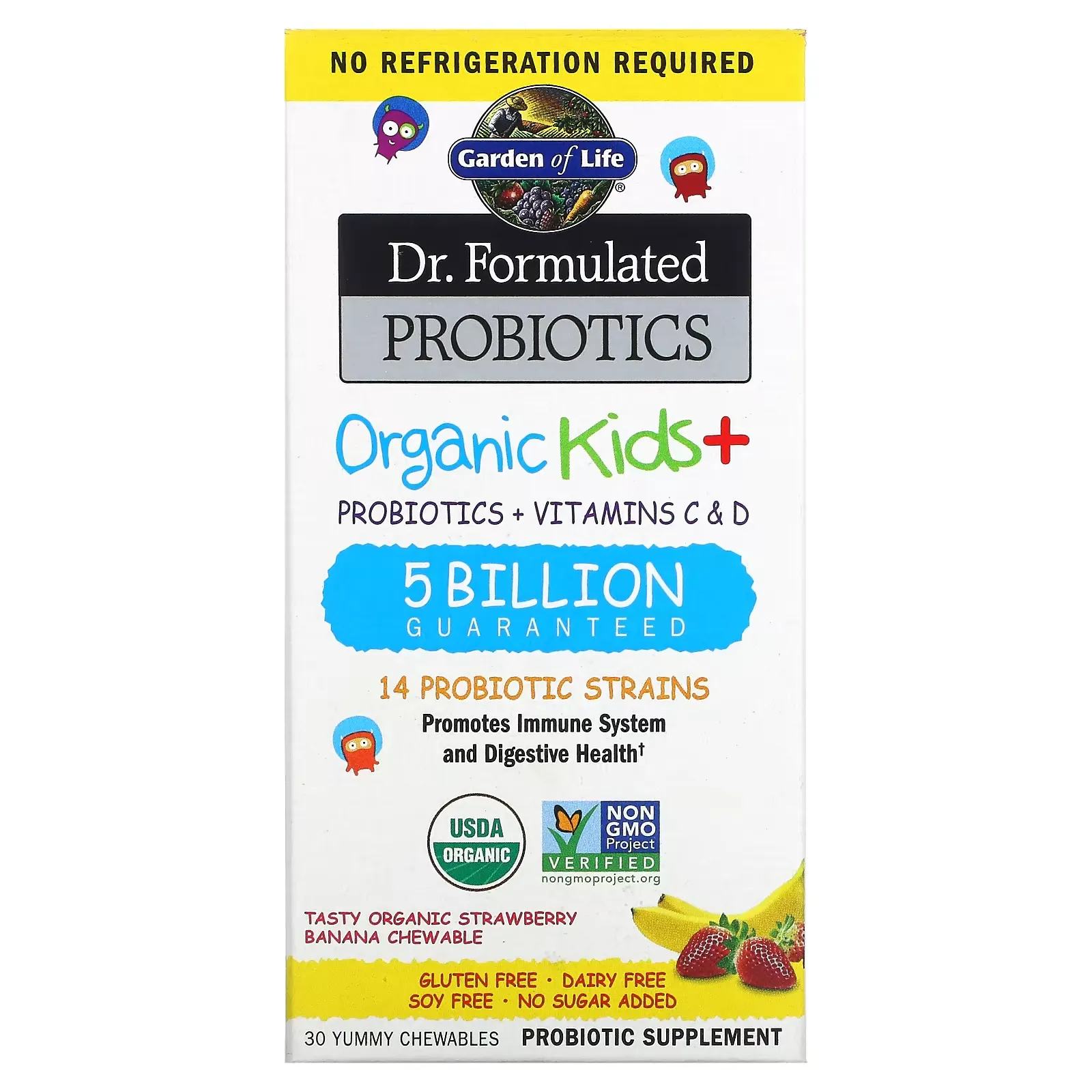 Dr. Formulated Probiotics, Organic Kids +, Tasty Organic Strawberry Banana, 30 Yummy Chewables