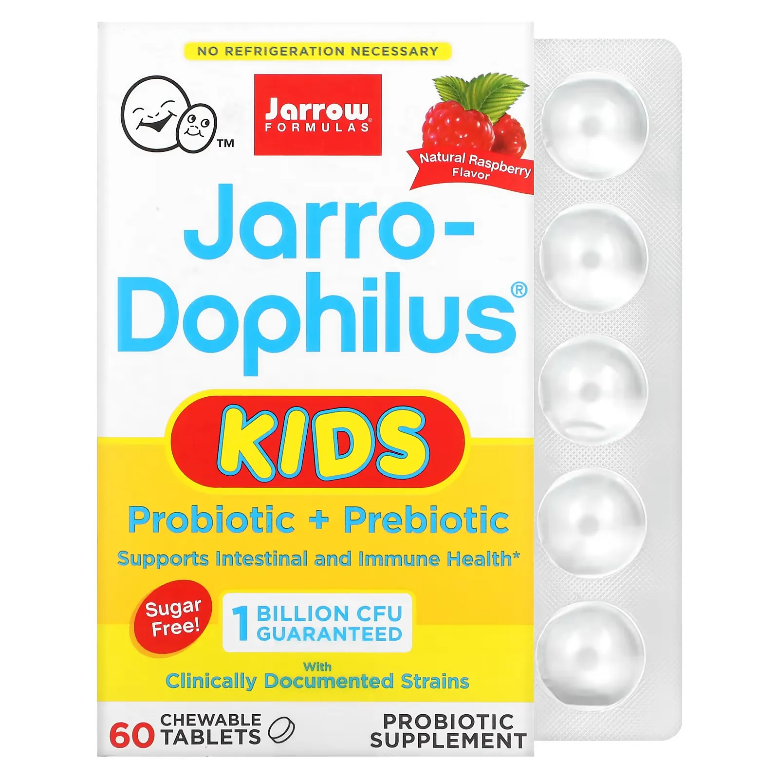 Jarro-Dophilus Kids, Probiotic + Prebiotic, Sugar Free, Natural Raspberry , 1 Billion CFU, 60 Chewable Tablets