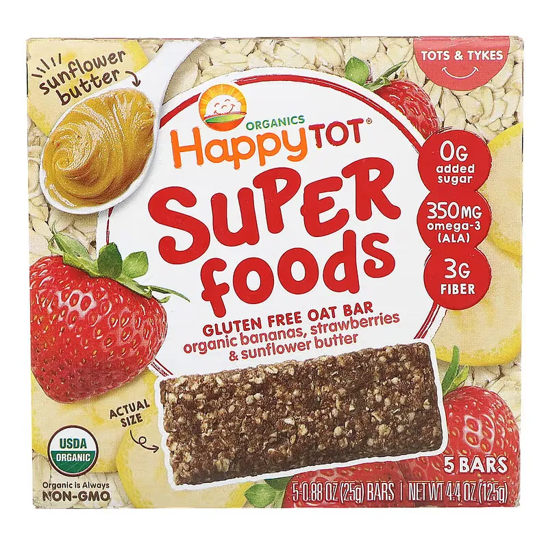 Happy Tot, Superfoods, Gluten Free Oat Bar, Organic Bananas, Strawberries & Sunflower Butter,  5 Bars, 0.88 oz (25 g) Each