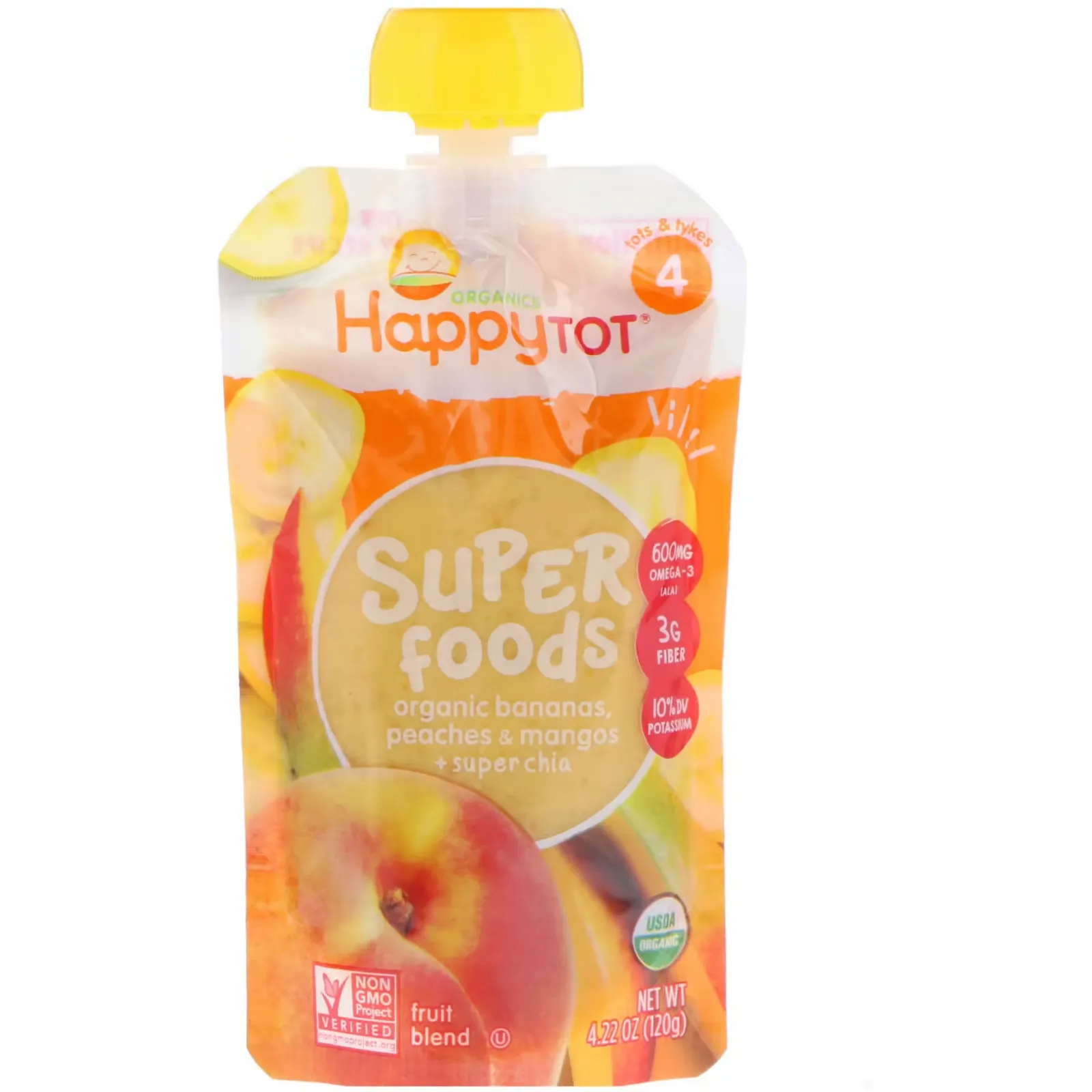 HappyTot, SuperFoods, Stage 4, Bananas, Peaches & Mangos + Super Chia, 4.22 oz (120 g)