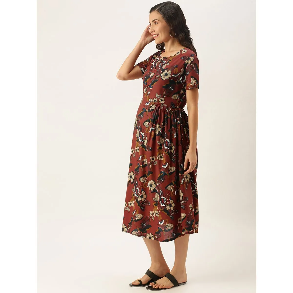 Nejo Feeding/Nursing Maternity Midi Dress - Brown