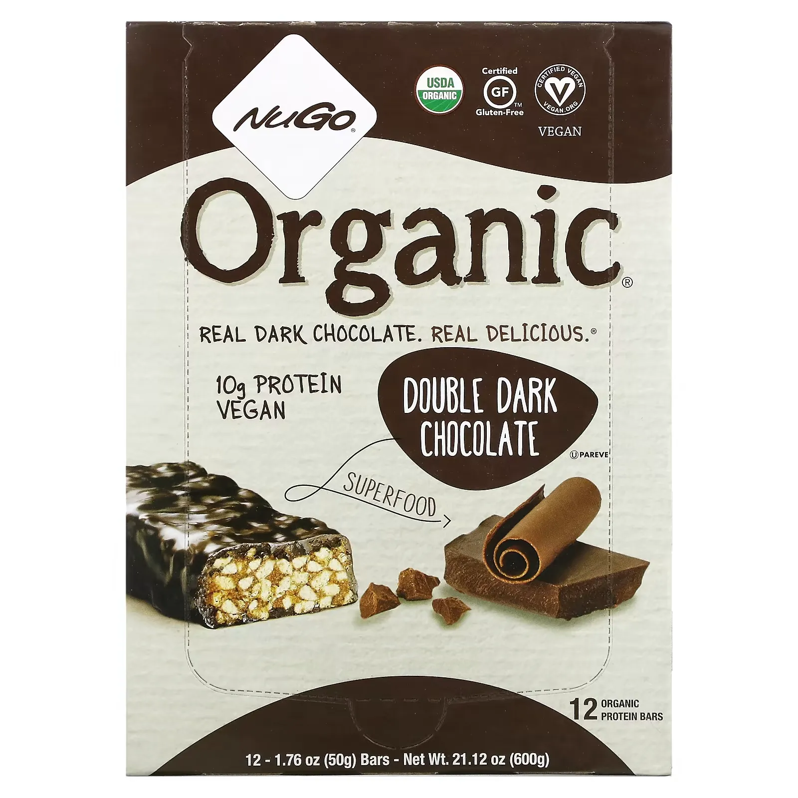 Organic Protein Bars, Double Dark Chocolate, 12 Bars, 1.76 oz (50 g) Each