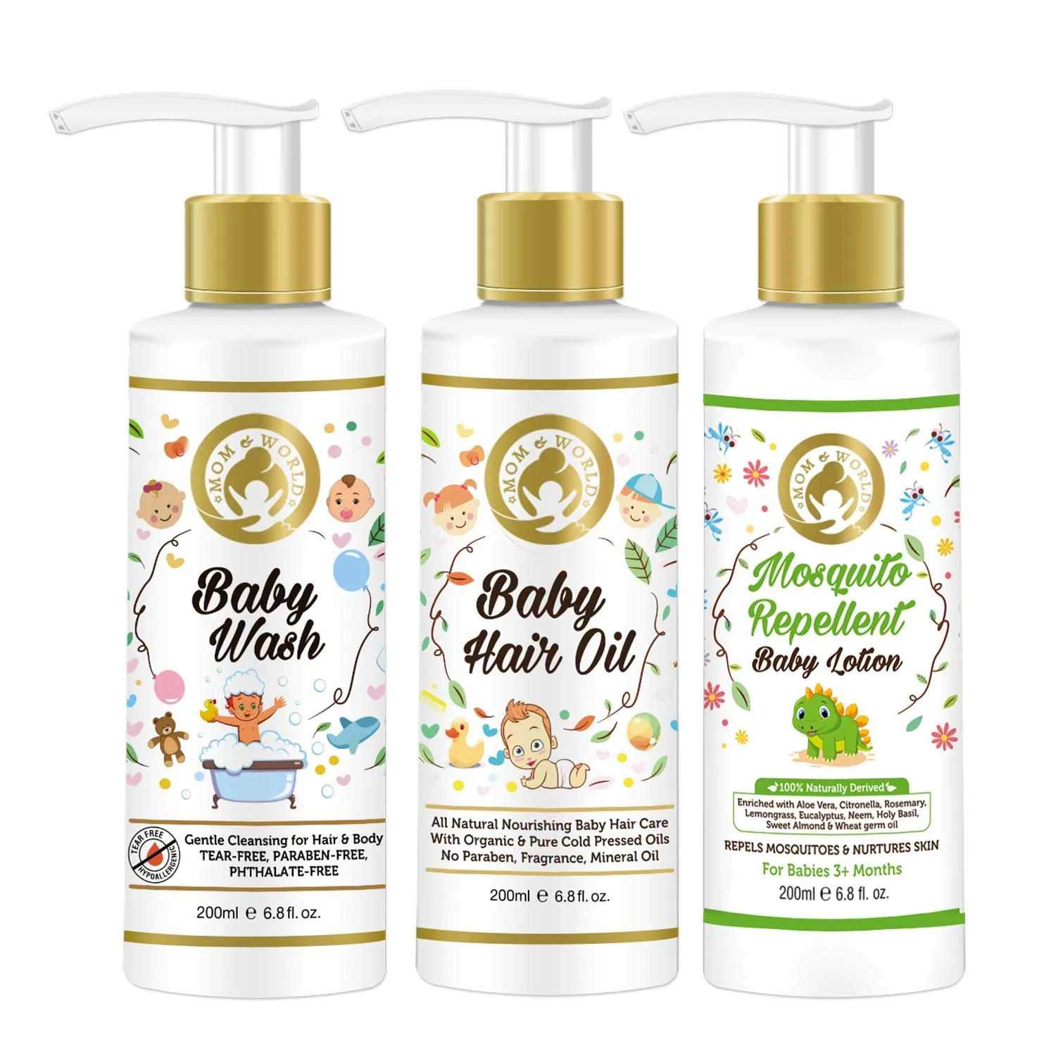 Mom & World Gentle Care - Baby Wash + Baby Hair Oil + Mosquito Repellant Baby Lotion