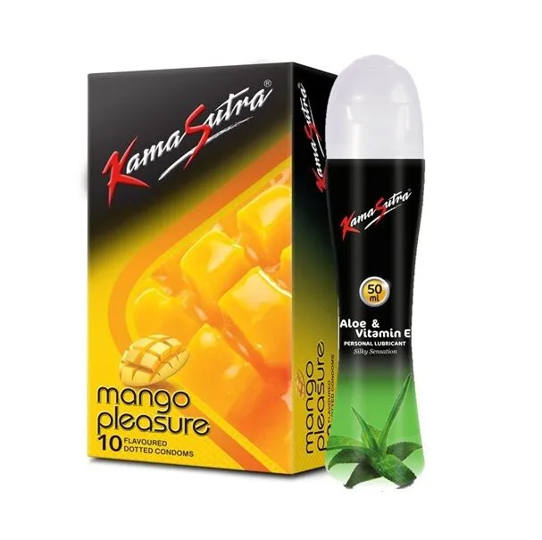 KamaSutra Mango Pleasure Flavoured Condoms, 10 Units & Aloevera Lubricant 50ml