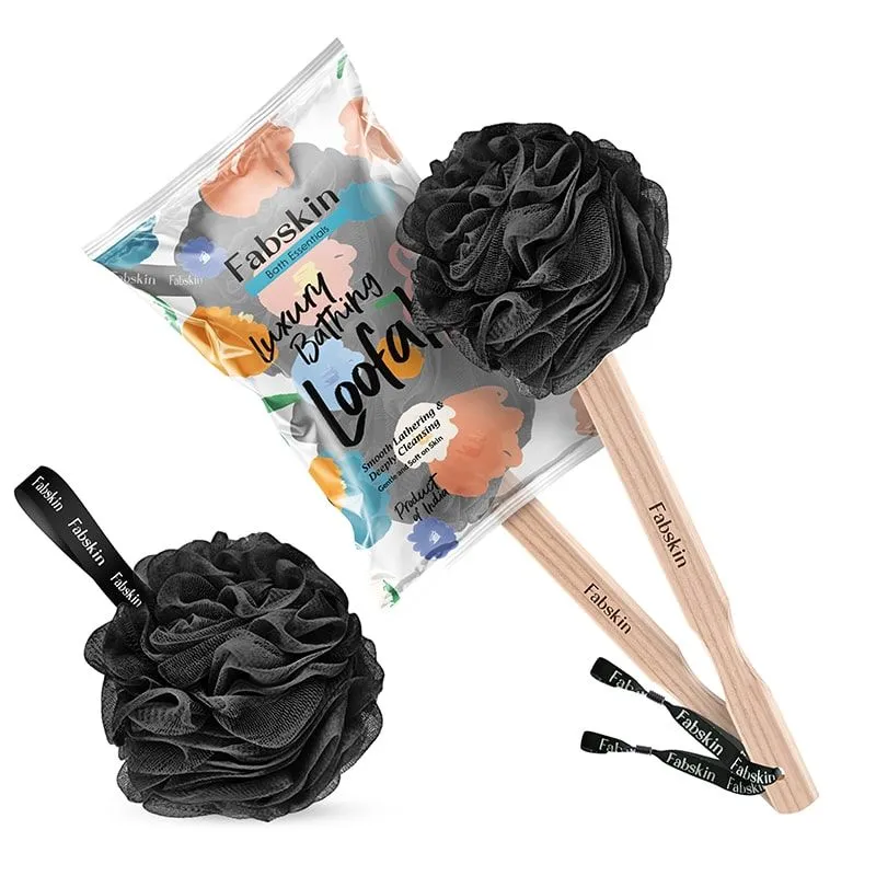 Fabskin Loofah Duo Pack - Bath Brush With Wooden Handle & Round Loofah - For Men & Women-Black