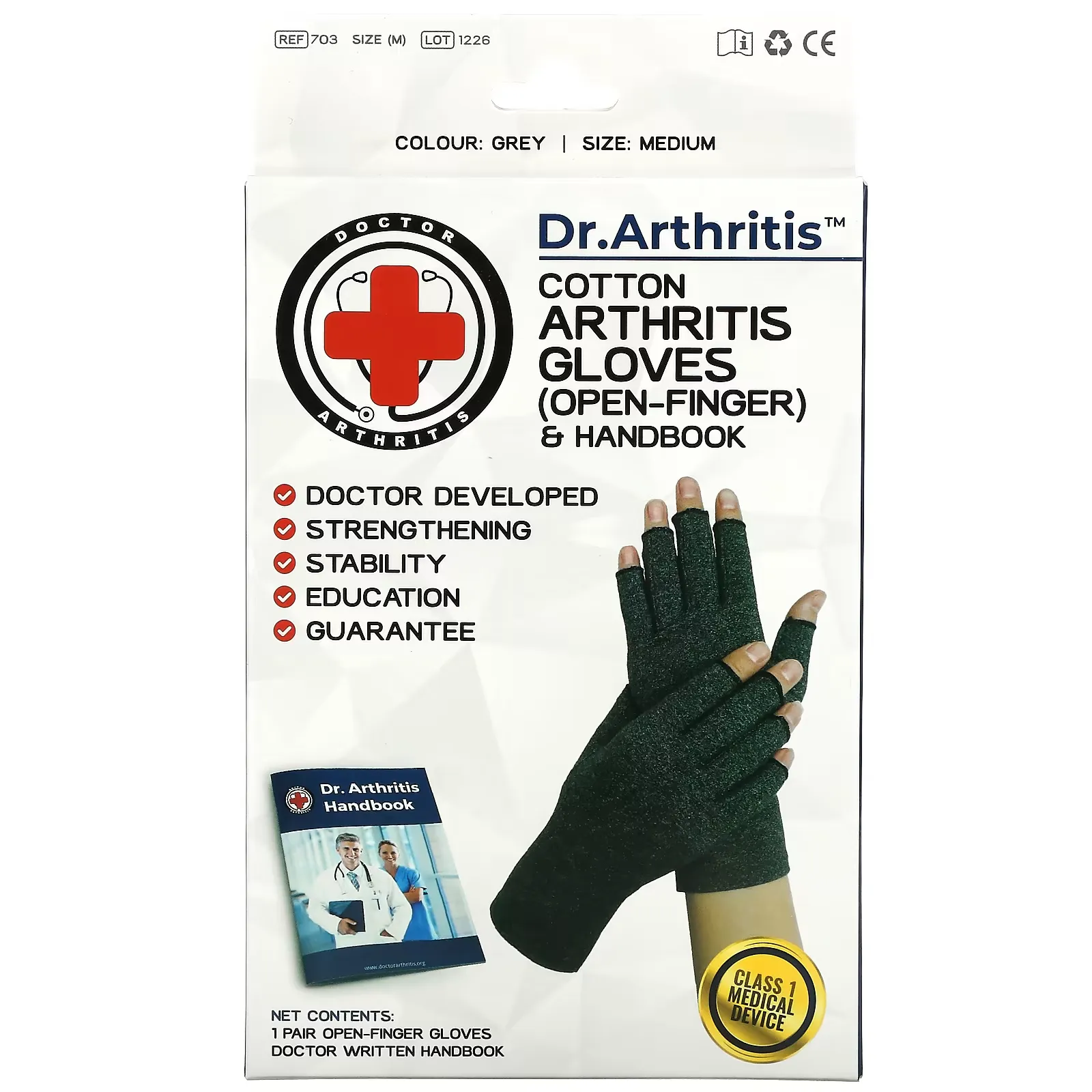 Cotton Open-Finger Arthritis Gloves & Handbook, Medium, Grey, 1 Pair