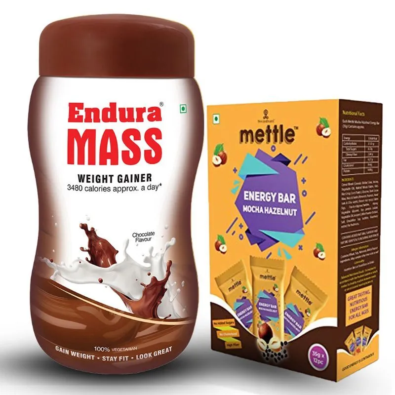 Endura Mass Weight Gainer Chocolate With Mettle Mocha Hazelnut Energy Bars Combo