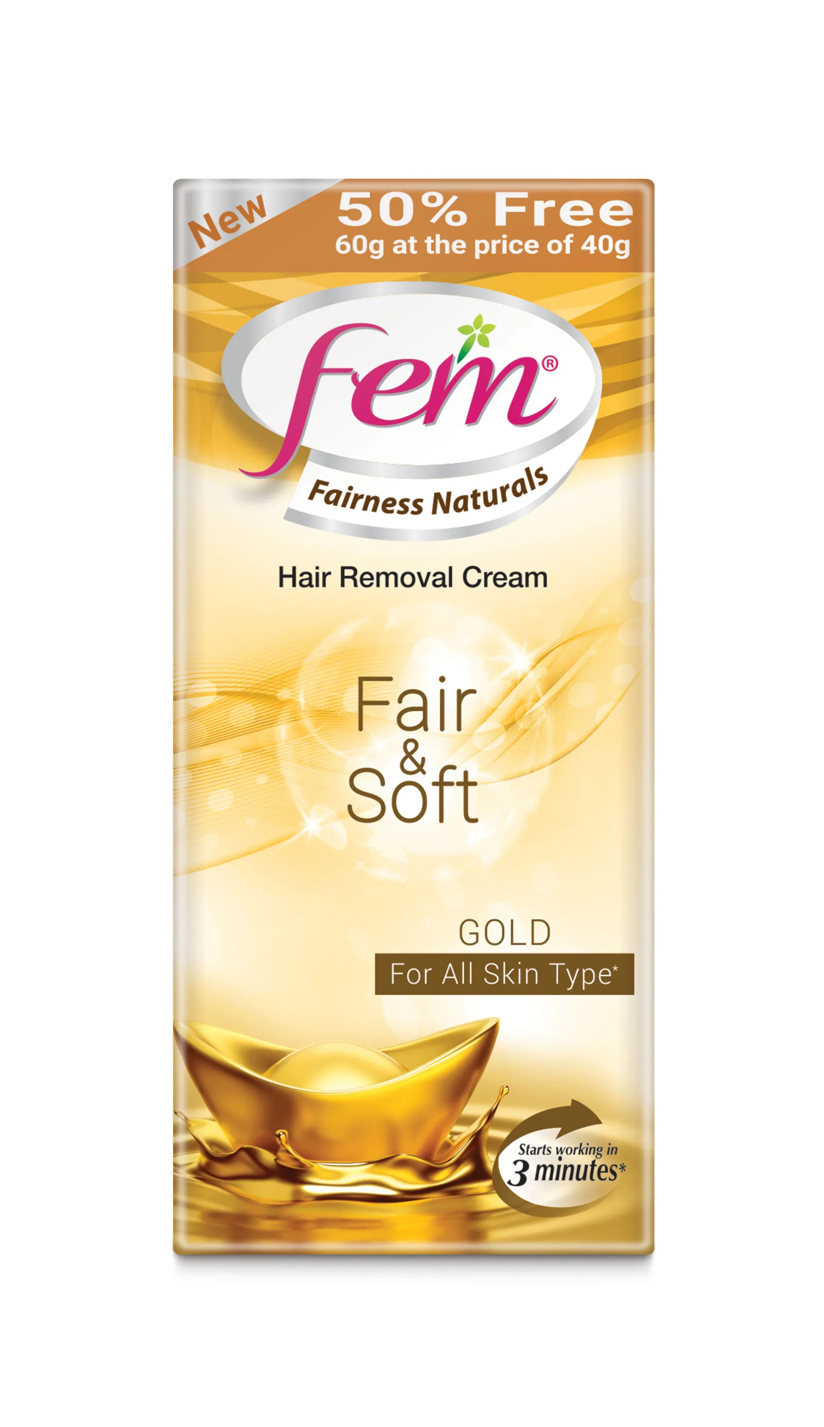 Fem Fairness Naturals Hair Removal Cream Fair and Soft Gold - All Skin Types (40g + 50% Extra)