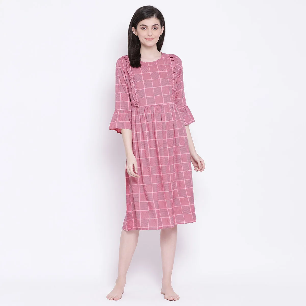 Clovia Print Me Pretty Feeding Short Night Dress in Dark Pink- Rayon (M)