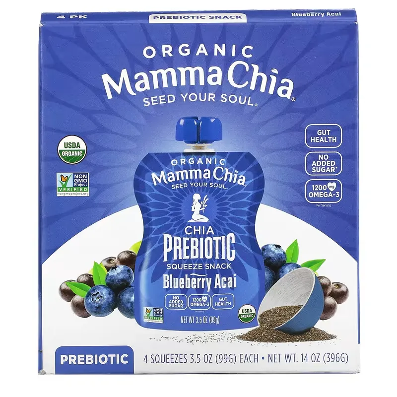 Organic Chia Prebiotic Squeeze, Blueberry Acai, 4 Squeezes, 3.5 oz (99 g) Each