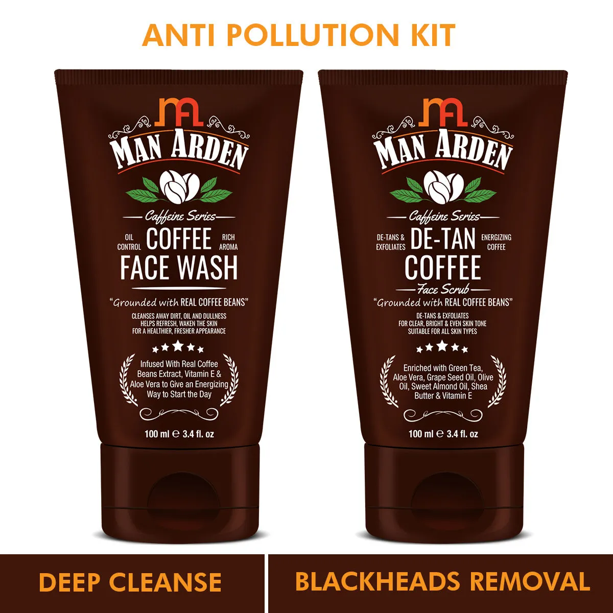 Man Arden Anti Pollution Kit With Coffee Face Wash & De Tan Coffee Scrub (100ml each)