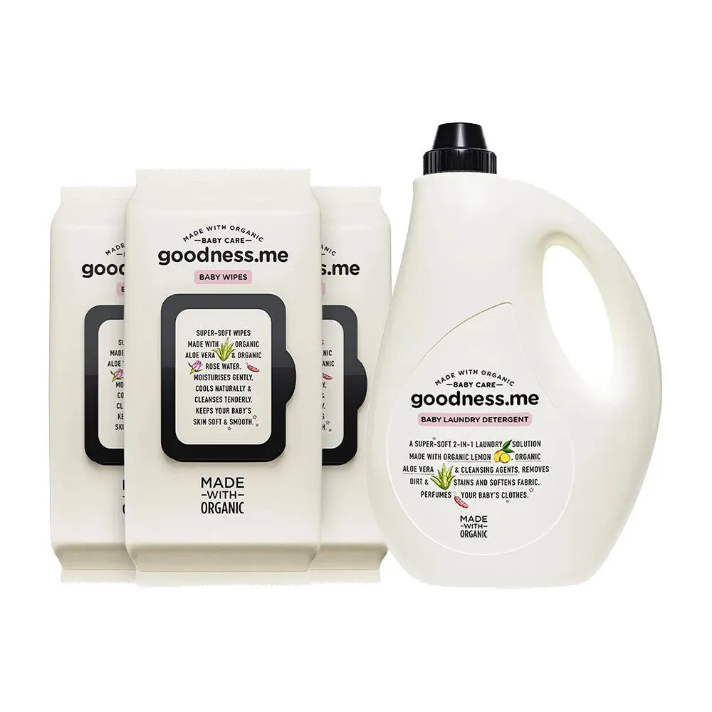 goodnessme Made With Organic Baby Wet Wipes (216 Wipes) And Baby Laundry Detergent 1L Combo