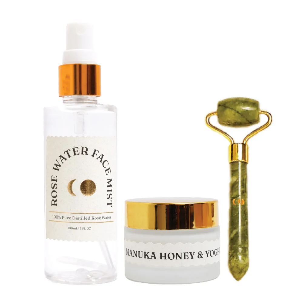 Dromen & Co Rose Water Face Mist + Manuka Honey and Yoghurt Moisturiser + Mini Jade Roller