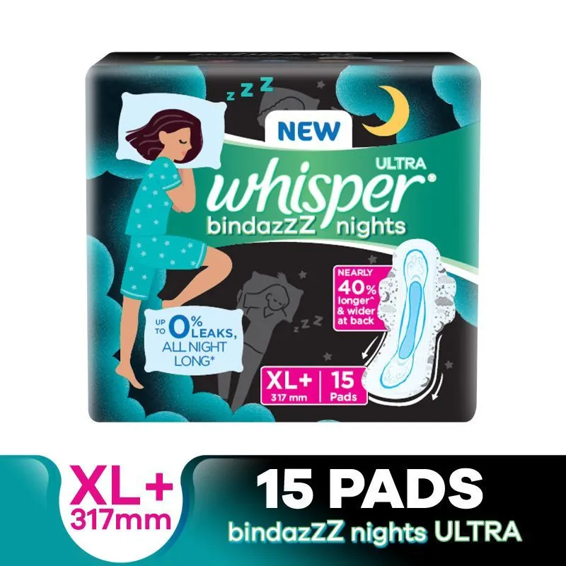 Whisper Bindazzz Night Thin XL+ Sanitary Pads For Upto 0% Leaks-40% Longer With Dry Top Sheet,15 Pad