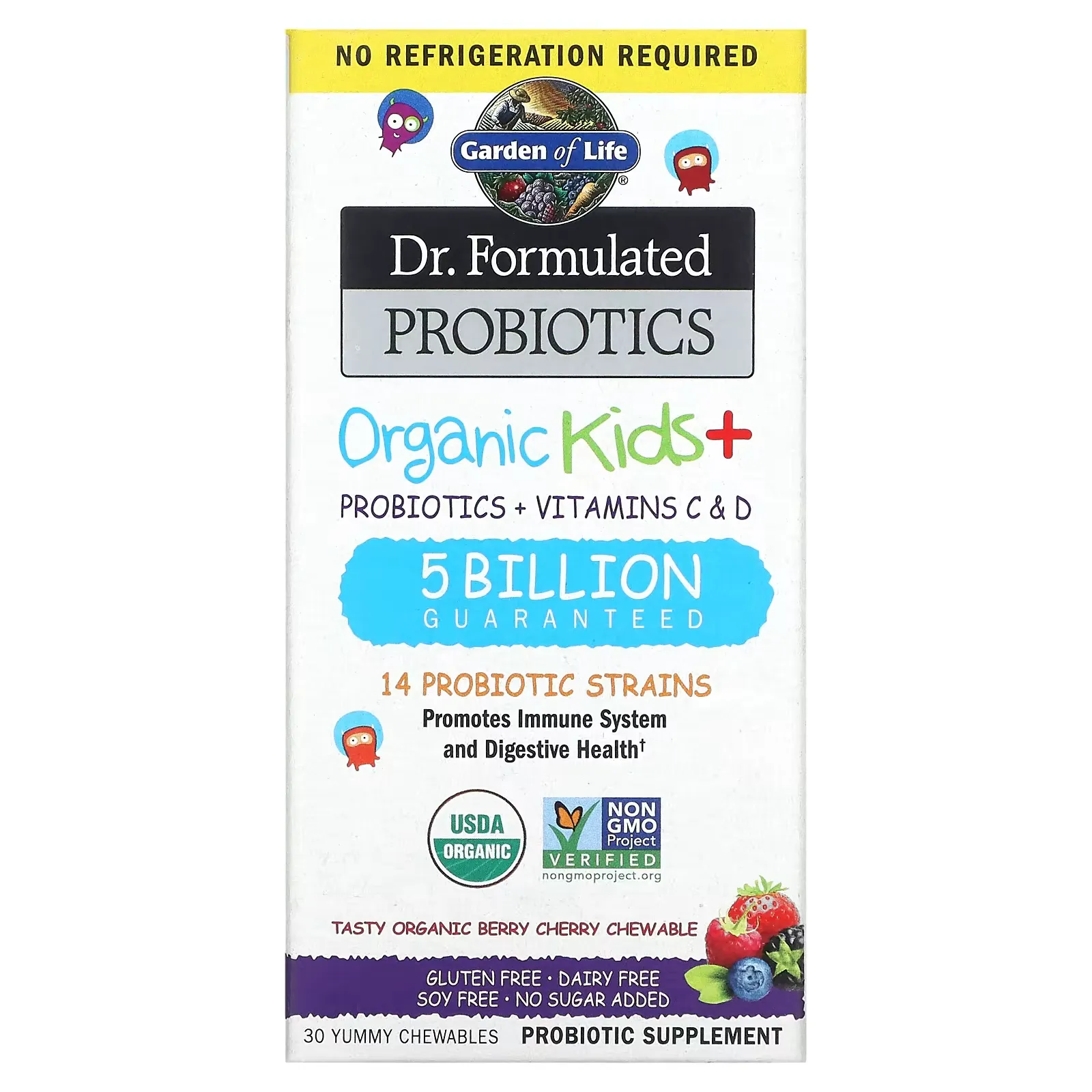 Dr. Formulated Probiotics, Organic Kids +, Tasty Organic Berry Cherry, 30 Yummy Chewables