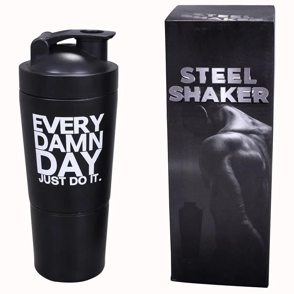 GHC Stainless Steel Shaker Bottle,  Black (with Extra Compartment)  590 ml