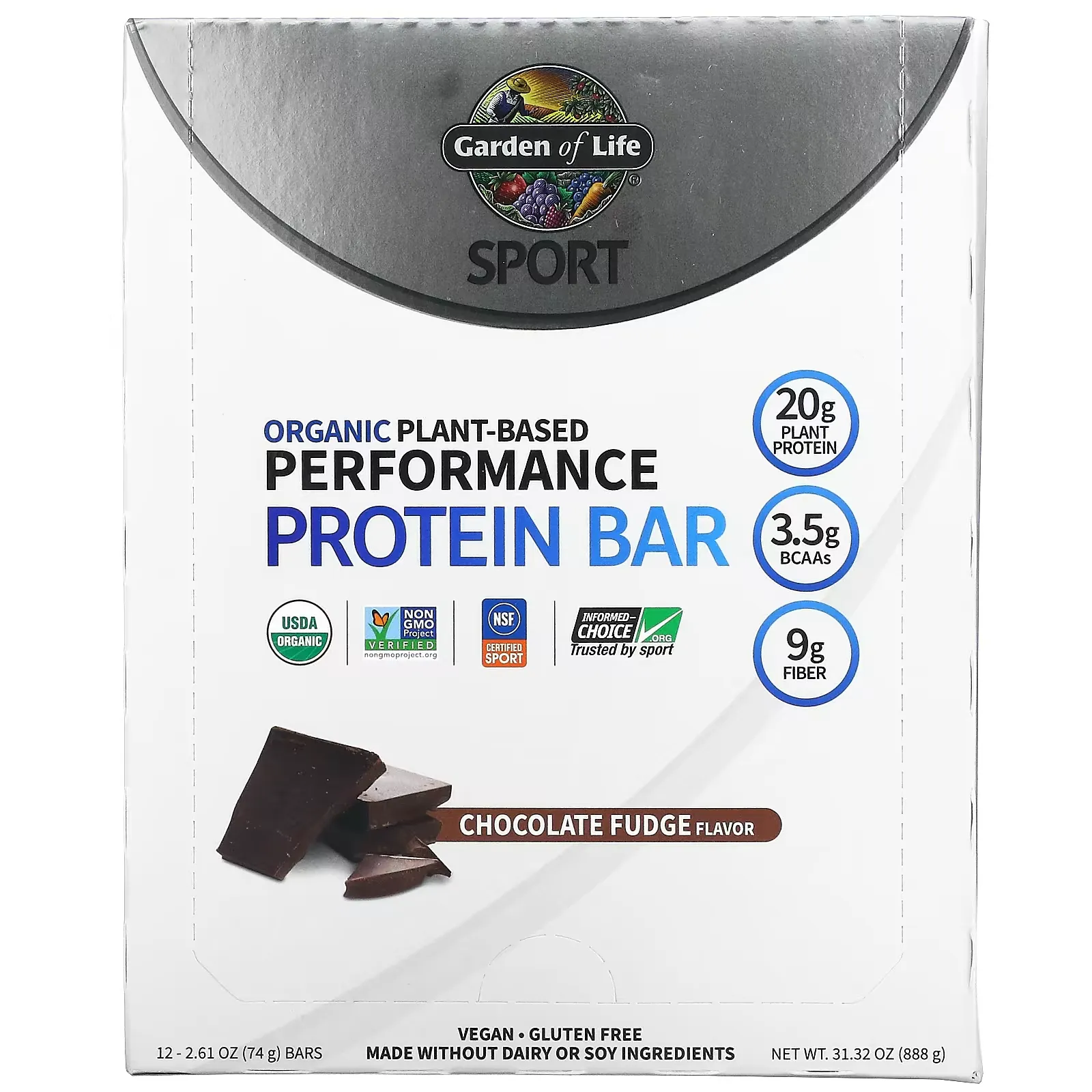 Sport, Organic Plant-Based Performance Protein Bar, Chocolate Fudge, 12 Bars, 2.61 oz (74 g) Each