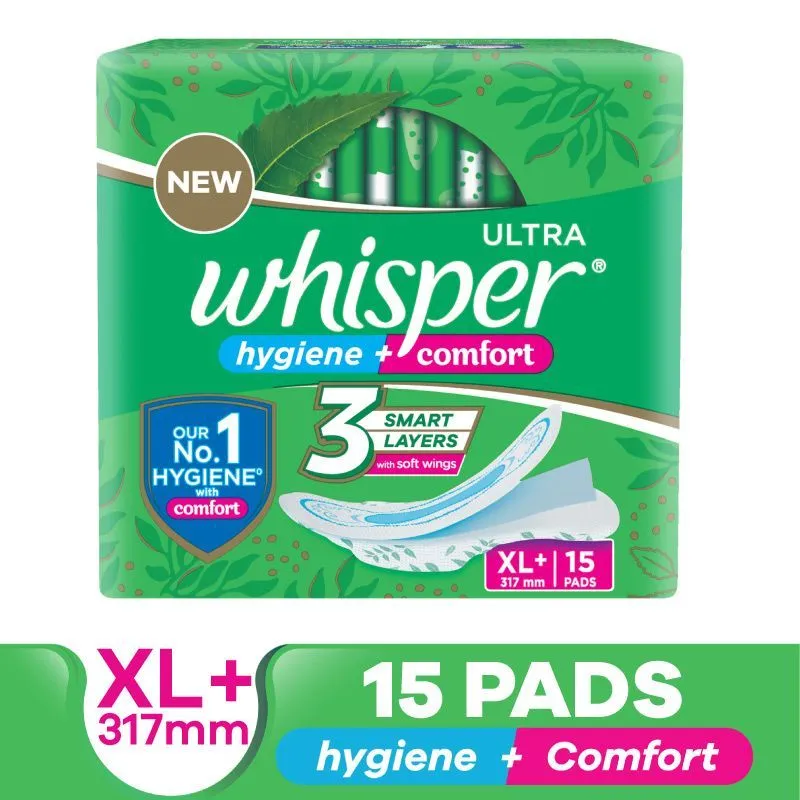 Whisper Ultra Clean Thin XL+ Sanitary Pads-Hygiene & Comfort, Soft Wings & Dry Top Sheet, 15 Pads