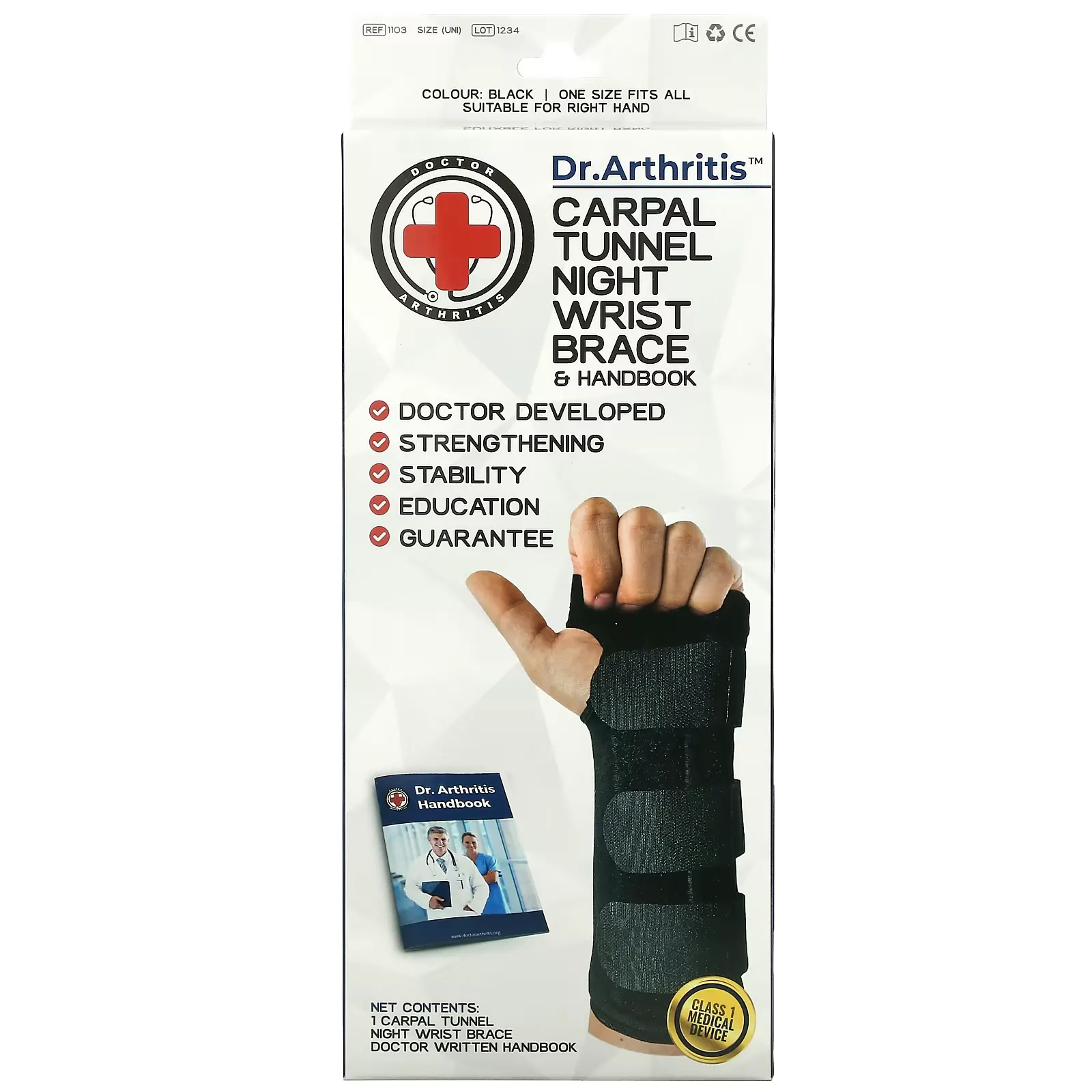 Carpal Tunnel Night Wrist Brace & Handbook, Right, Black, 1 Brace