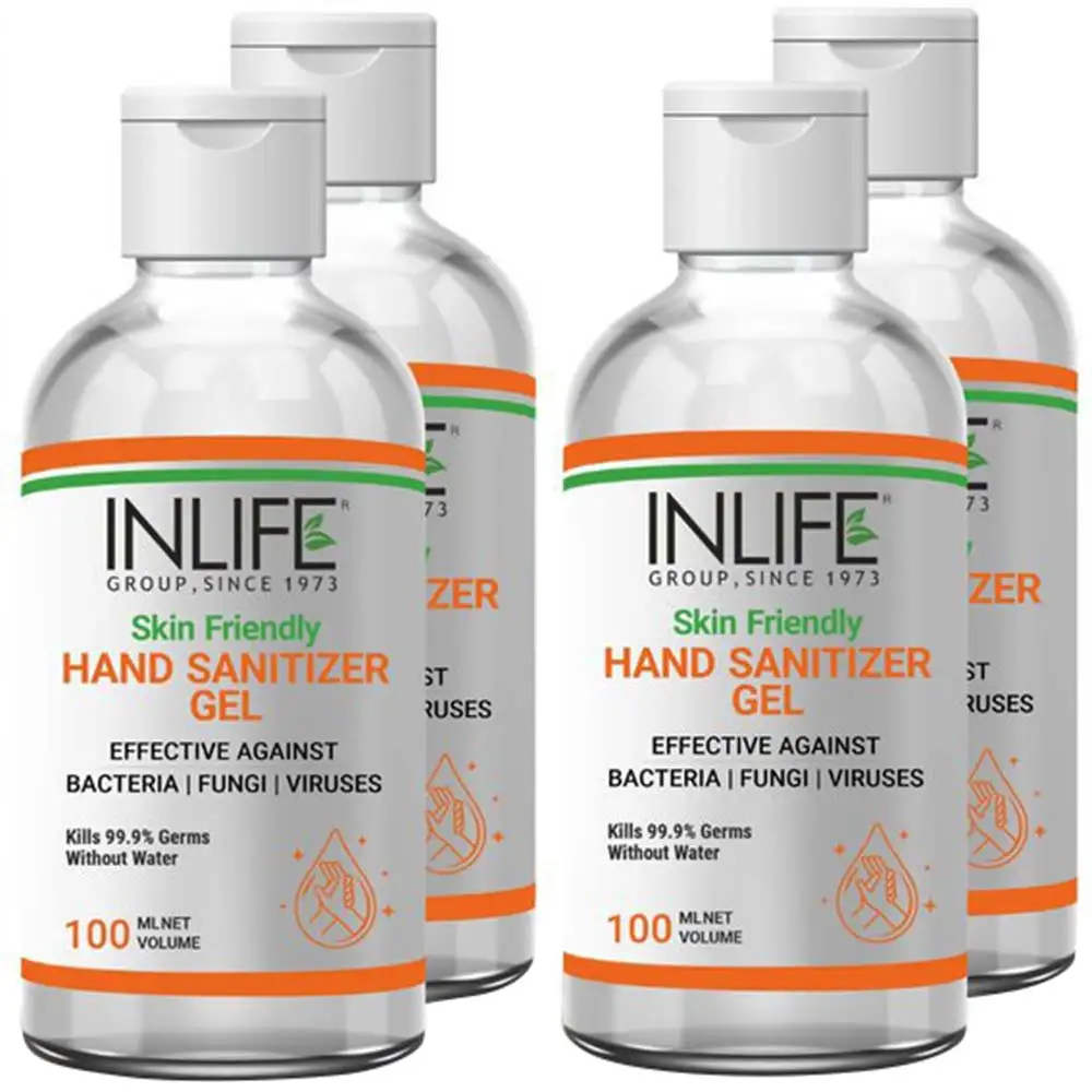 INLIFE Skin Friendly Hand Sanitizer Gel 72.34% Ethyl Alcohol Based,  Fragrance Free  100 ml  Kills 99.99% of Germs without Water (Pack of 4)