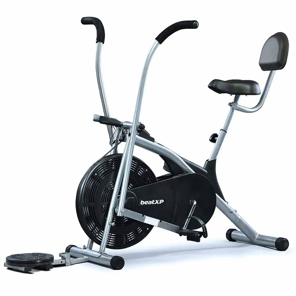 beatXP Typhoon Air Tronic 4CM Air Bike Exercise Cycle with Adjustable Cushioned Seat, Moving Handles & Back Support, Curve Frame & Tummy Twister (Black&Grey)