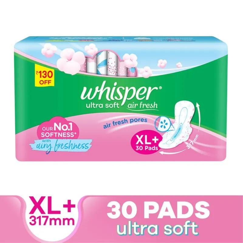 Whisper Ultra Soft Air Fresh XL+ Sanitary Pads Our #1 Softness With Airy Freshness - 30 Pads