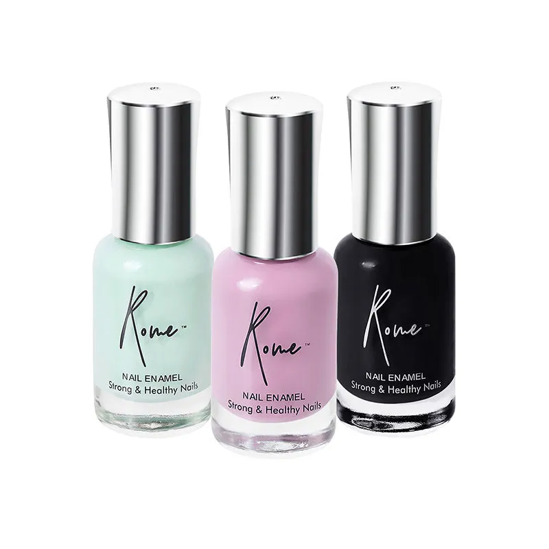 Rome Set Of 3 Strong & Healthy Nail Enamel (mint Green , Midnight Black & Mauve )