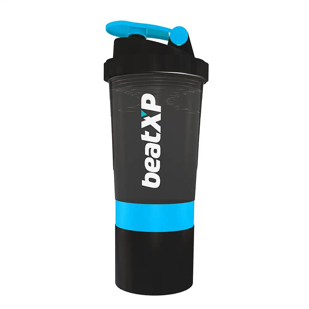 beatXP Protein Shaker with Storage 3 Compartments,  Black and Blue  500 ml