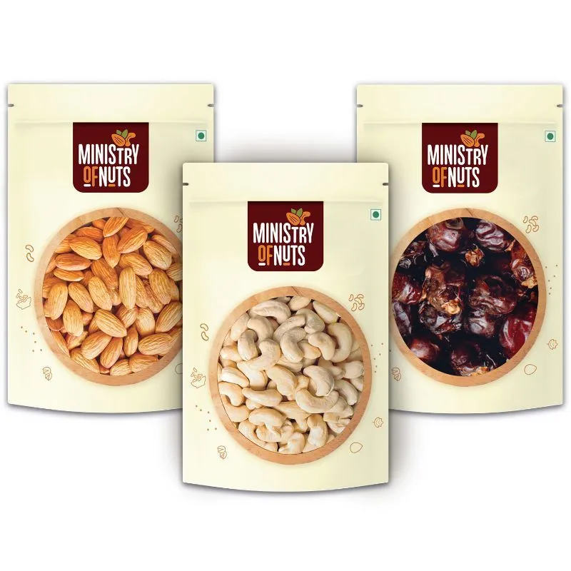 Ministry of Nuts Premium Dry Fruits - Pack Of 3 - Almonds, Cashew Nuts & Dates